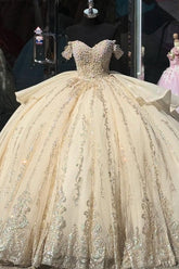 Champagne Gold Beaded Ball Gown Off-Shoulder Sleeveless Quinceanera Dress with Tulle Skirt & Bow Detail for Sweet 16 Birthday & Formal Events